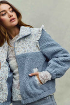 SO ME Women Jacket Faux Fur Sherpa Blue Pull with Floral Ruffle Contrast Zipper 10c44749dbdb4e2ab6243da67f745b95-Max-Origin Trendsi