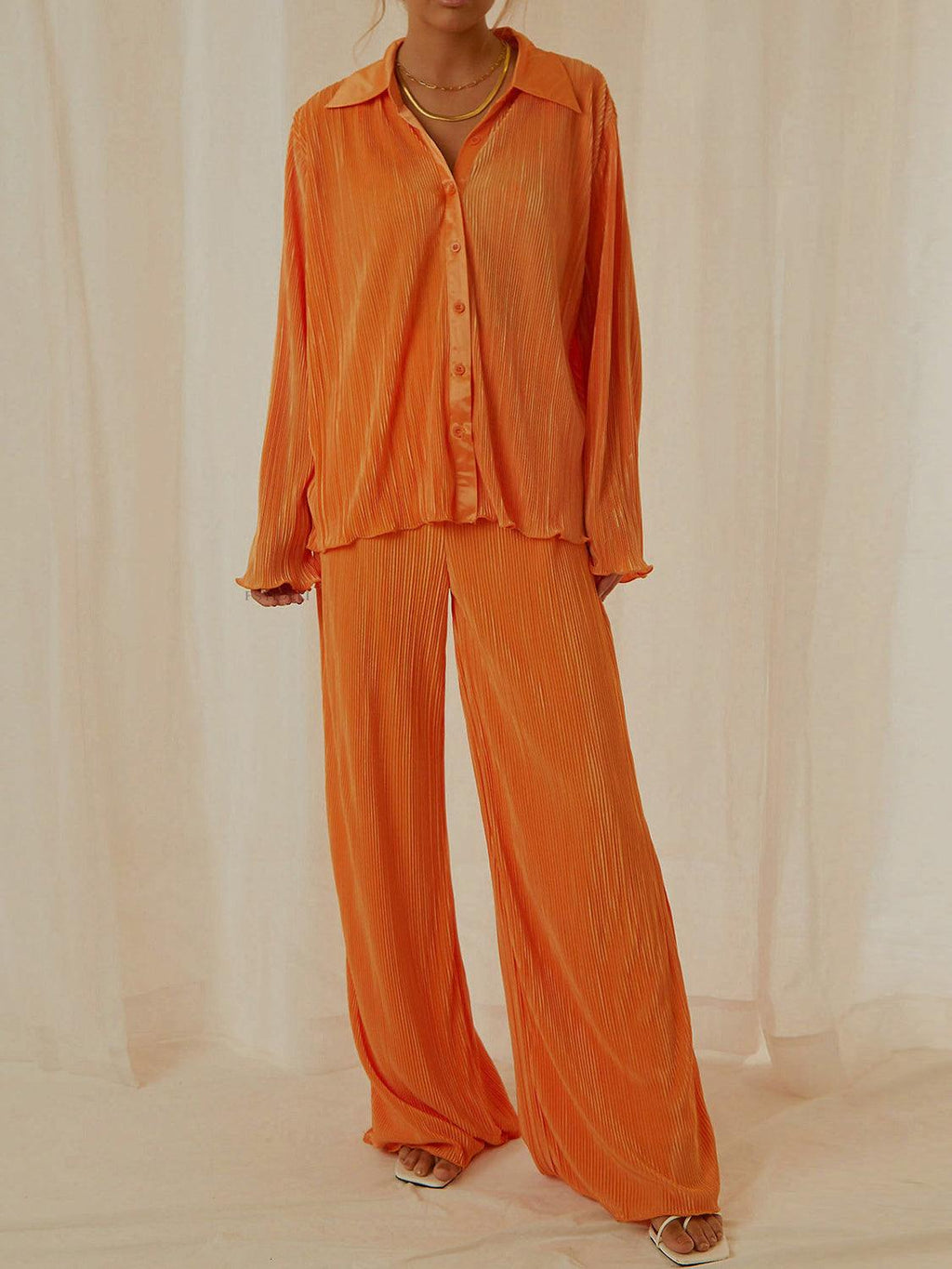 Lounge Set Collared Neck Long Sleeve Top and Pants Orange 10c9cae4-56e1-4066-9f48-87302b2e7b51-Max Trendsi