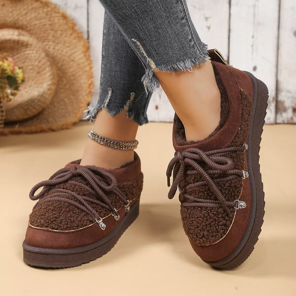 Women's Ankle Boots Lace Up Round Toe Platform Fluff Shoes Coffee Brown 10d445b23460476d87824eb20aaa84d1-Max-Origin Trendsi