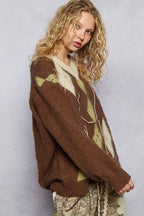 POL Sweater V-Neck Mocha Argyle Pattern Mohair with Contrast Exposed Stitch 10d51d98-f45e-446b-aa3f-515e440eb2f2-Max-Origin Trendsi