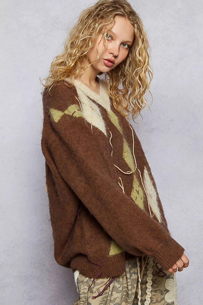 POL Sweater V-Neck Mocha Argyle Pattern Mohair with Contrast Exposed Stitch 10d51d98-f45e-446b-aa3f-515e440eb2f2-Max-Origin Trendsi