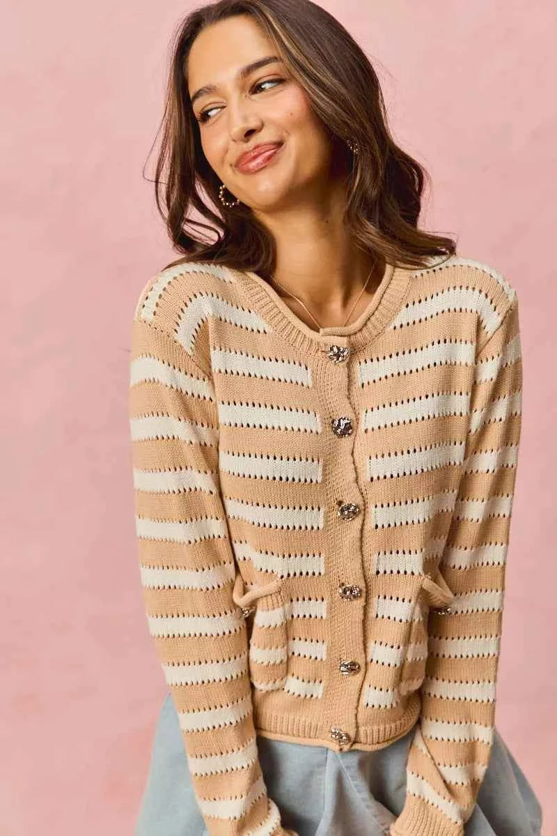 SO ME Women Sweater Cardigan Stripe White Beige Long Sleeves Buttoned 10deaaa411214ff380b89e49a97ea621-Max-Origin Trendsi