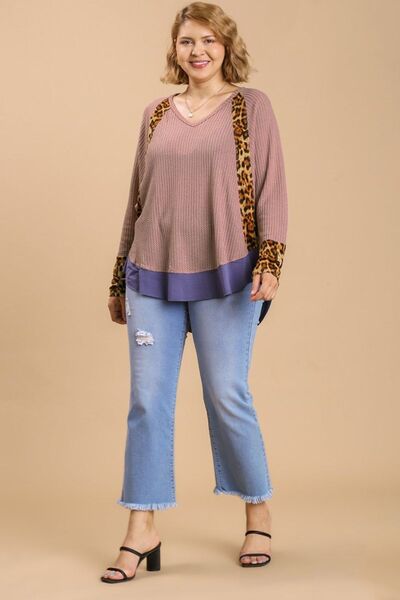 Umgee USA Waffle Knit Top Plus Size Leopard High-Low Dolman Long Sleeve 10e2ec0f-b88f-4144-b686-b230f983fea8-Min Trendsi