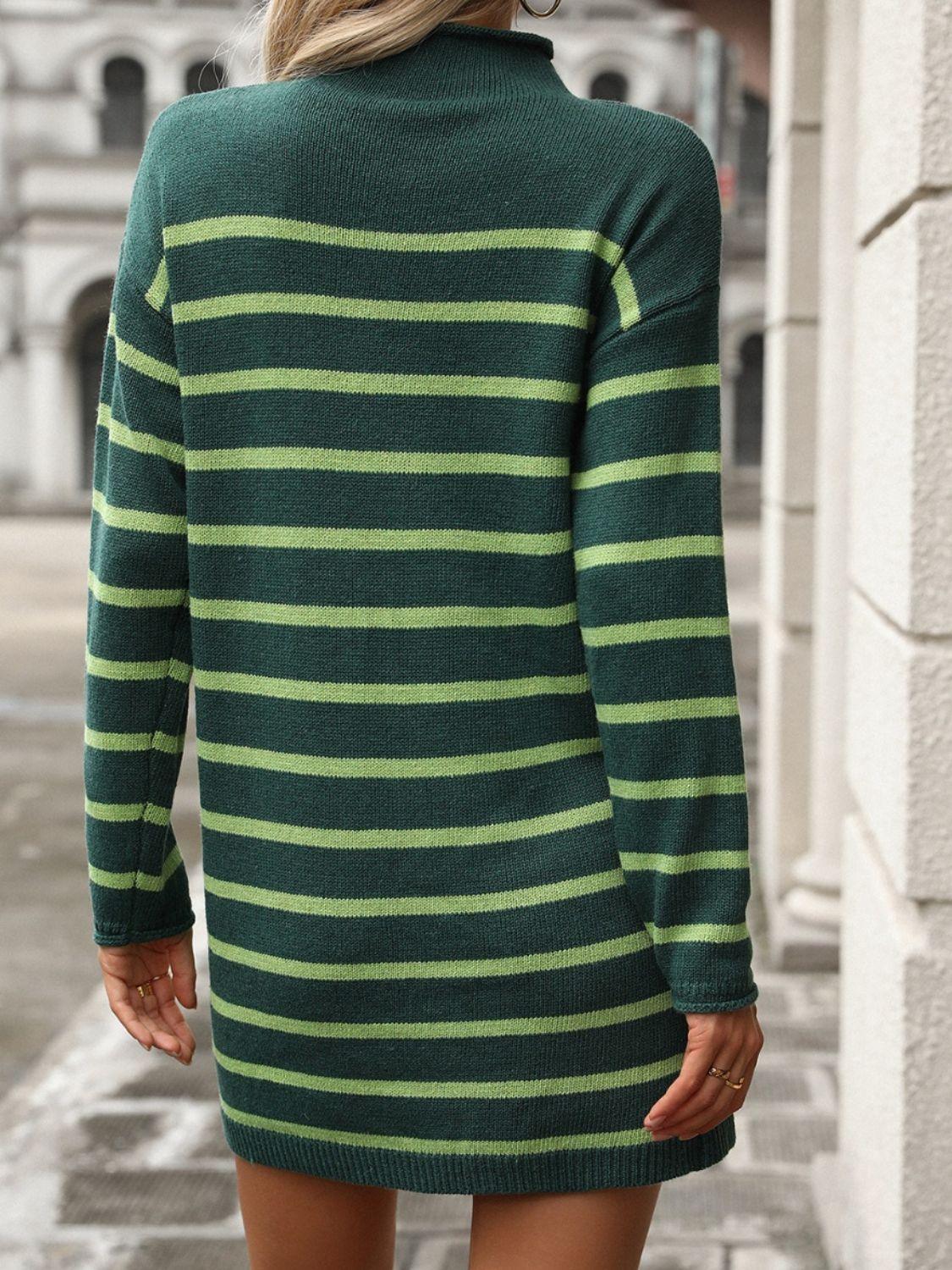 Striped Knit Mini Dress Mock Neck Long Sleeve 10e676a6-ae73-4de5-b024-97aab18a37f6-Max Trendsi