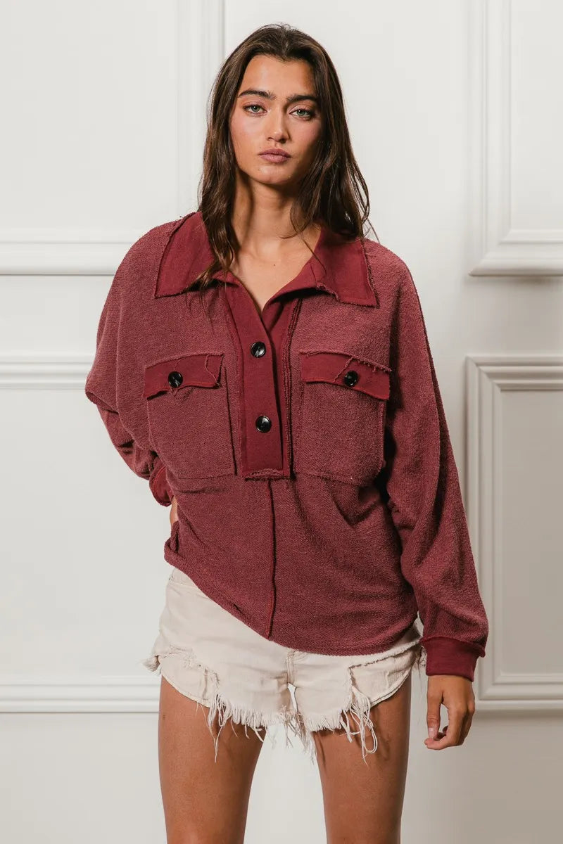 BiBi Women's Collared Top Cp French Terry Cut Edge Detail Pocketed 10ebe5cbb14a41b78a058785bf60b75f-Max-Origin Trendsi