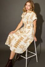 Umgee Midi Dress Tan Abstract Print Elastic Waist Collared Short Sleeve 10efb3a3-b046-4fbc-a1bd-1f8586d3b4bb-Max Trendsi