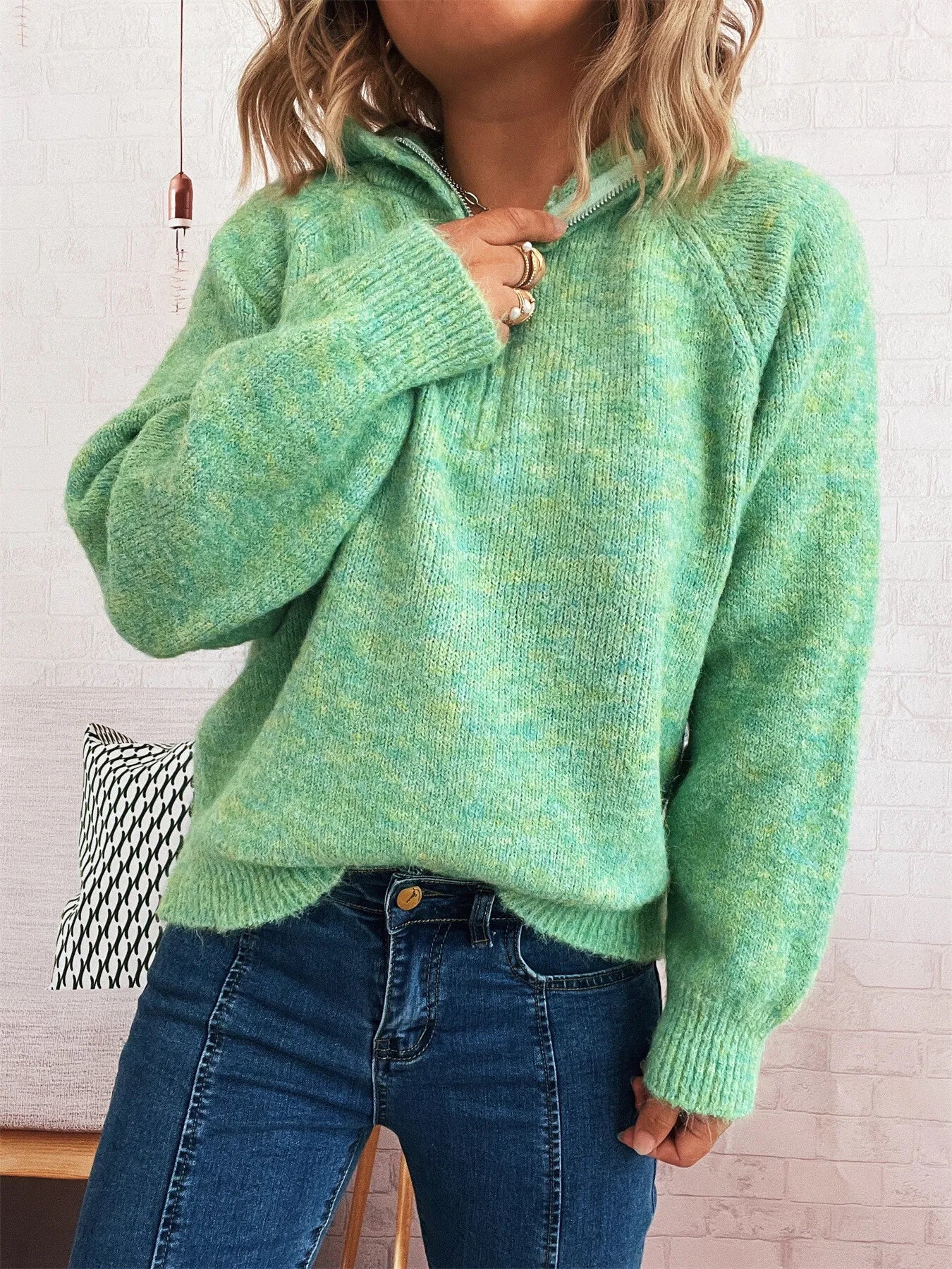 Women's Sweater Quarter Zip Hooded Ribbed Hem Long Sleeve Knitwear 10f1ffd52dae47f58804c3abd4c0de48-Max-Origin Trendsi