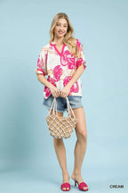 Umgee Womens Blouse Floral Cream Pink V-Neck Puff Short Sleeve Top 10f44491-0663-4085-9458-0dcf8e79a4f8-Max-Origin Trendsi