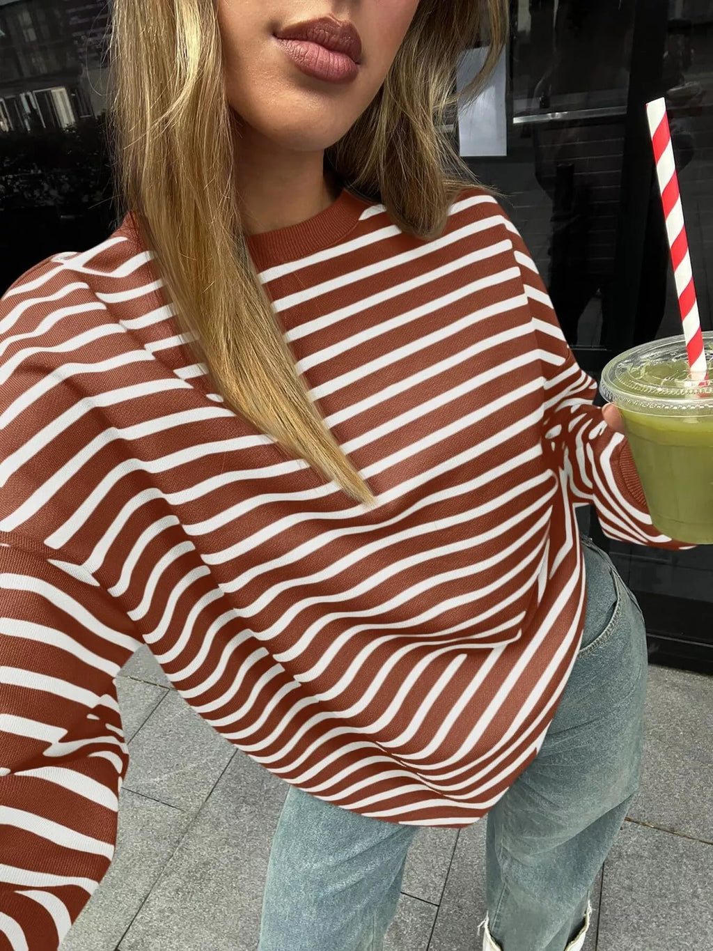 Women's Sweatshirt Striped Round Neck Oversized Casual Pullover 10ff7d76ab99434887a2b358f1837c4c-Max-Origin Trendsi
