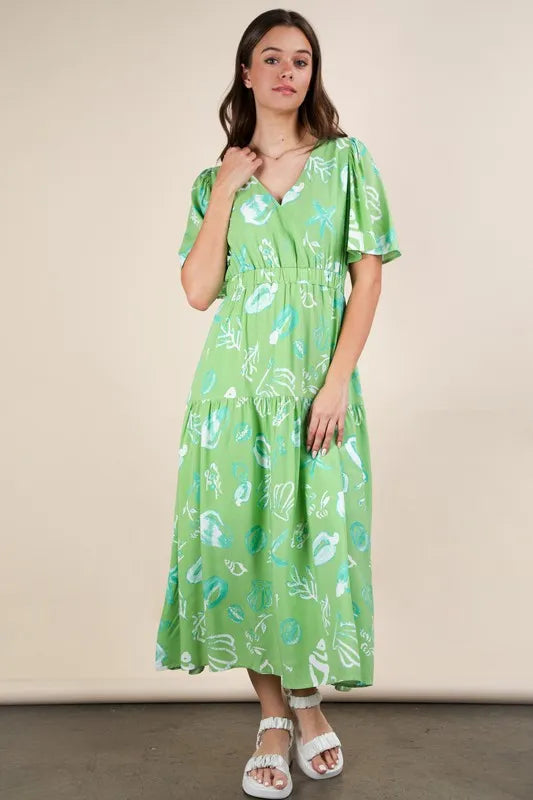 VERY J Midi Dress Sage Green Summer Resort Printed V-Neck Ruffle Short Sleeve