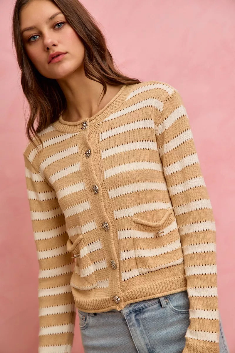 SO ME Women Sweater Cardigan Stripe White Beige Long Sleeves Buttoned 1102755997c145ffb4287b77e5ab2928-Max-Origin Trendsi