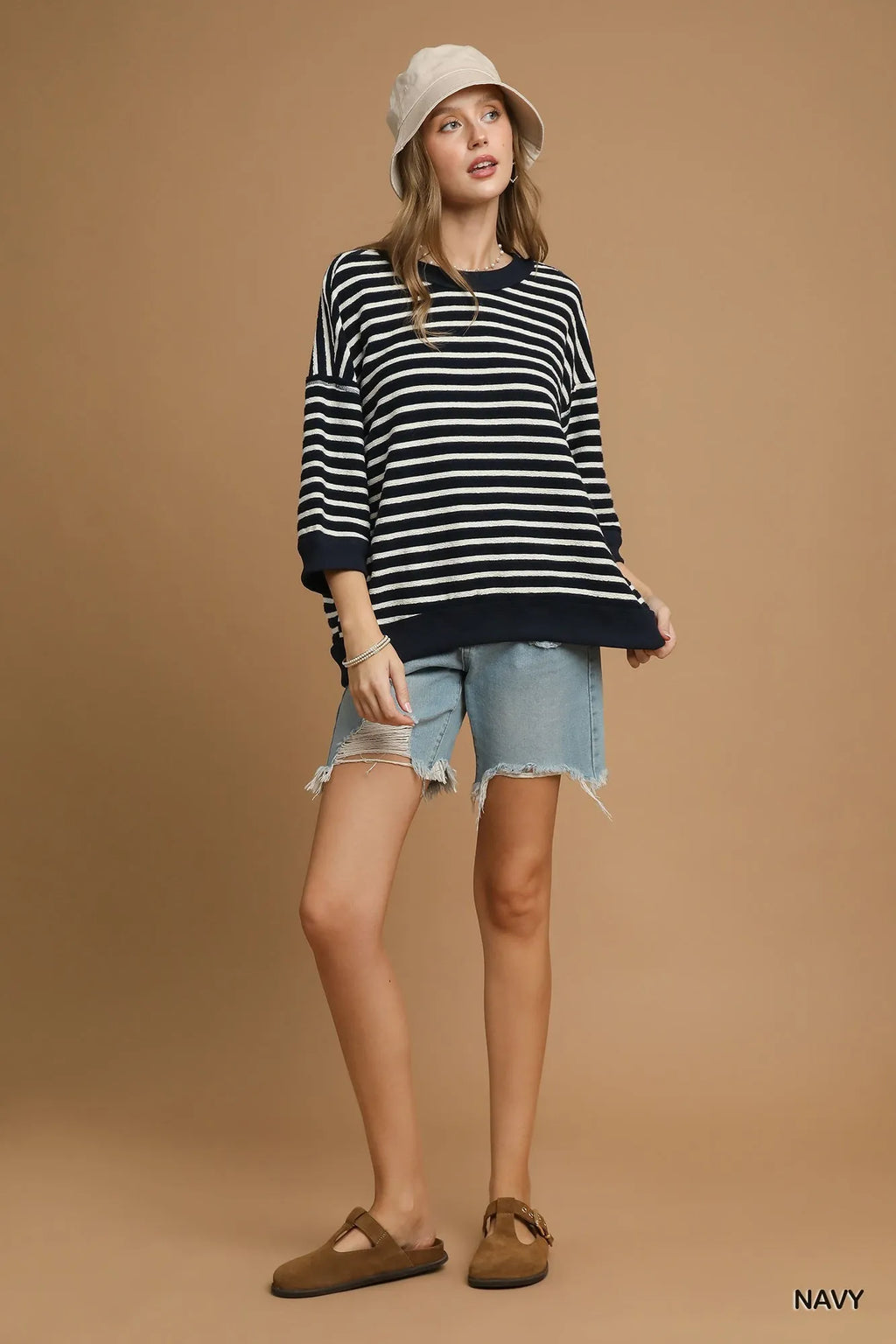 Umgee Knit Top Striped Oversized Navy Ribbed Hem 3/4 Sleeve Blouse 110951c2-2476-4806-9f11-6179a3def7bd-Max-Origin Trendsi