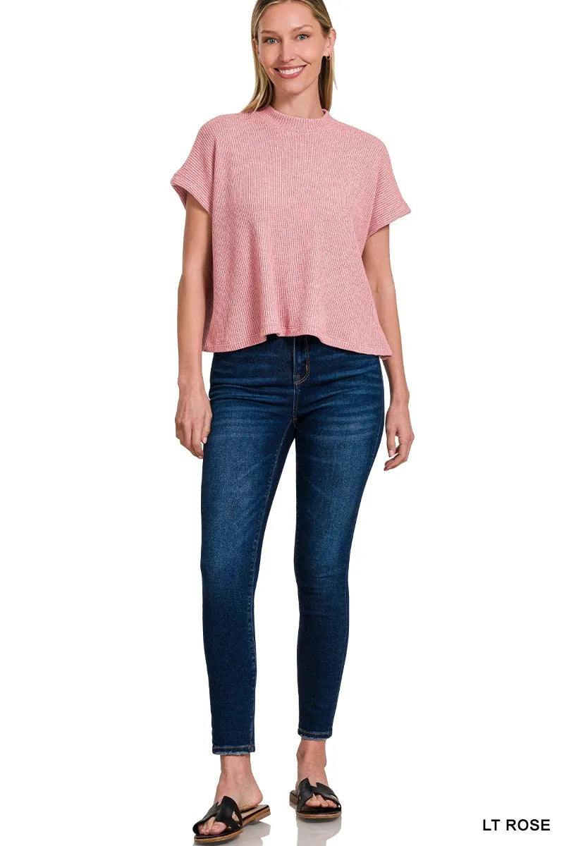 Zenana Sweater Set Light Rose Knit Boxy Top Short Sleeve & Long Pants 2 Pcs 110e4ca2428f4240be78c5e5a94a2b0a-Max-Origin Trendsi