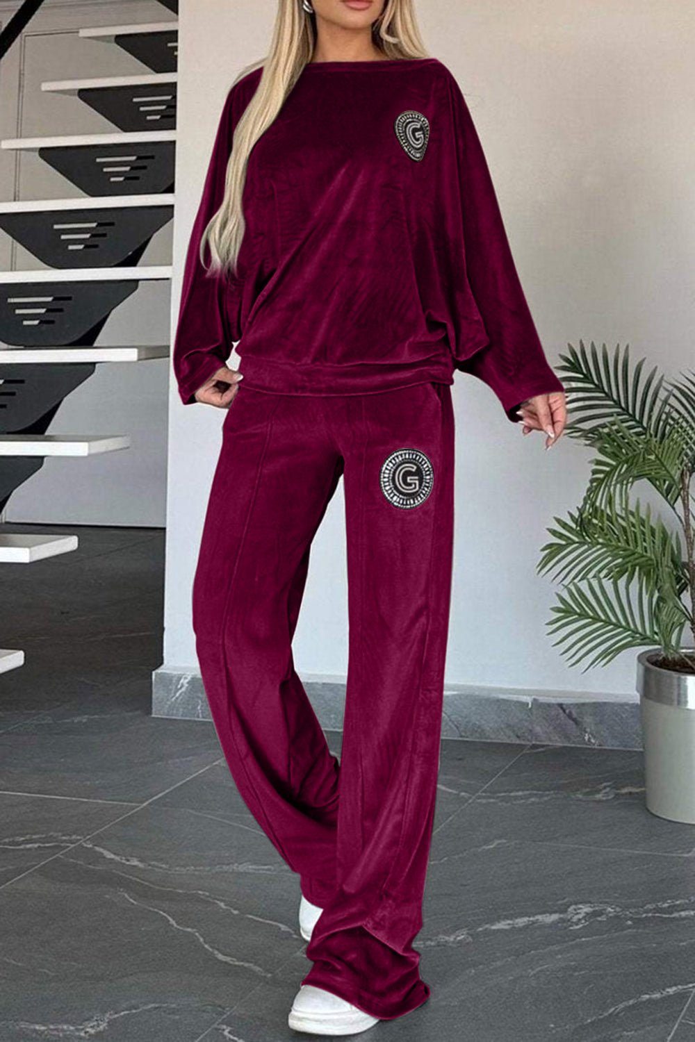 Outfit Set Women Velvet Full Size Boat Neck Long Sleeve Top and Pants Set 5XL