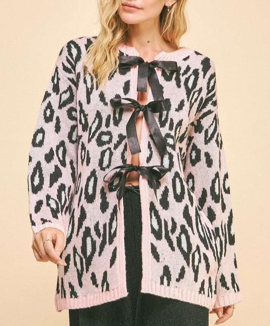 Davi & Dani Leopard Cardigan Ribbon Tie Front Loose Fit Cotton Blend Sweater Blush Pink 11113cb8-3805-4216-b1ac-5b7245528845-Max Trendsi