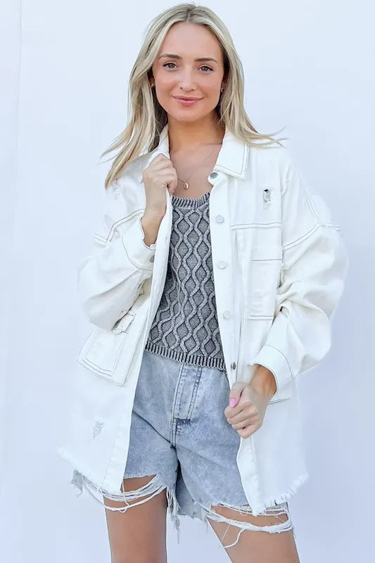 And The Why Distressed Washed Button Down Denim Shacket