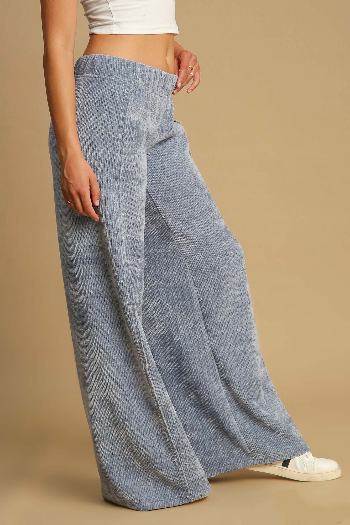 Umgee USA Ribbed Wide Leg Pants Elastic Waist Light Blue Loose Trousers