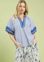 Umgee Blouse Blue Striped Mixed Puff Short Sleeve Top BLUE 111fd6c4-c05e-4d9d-ae70-197f9fb561a3-Max-Origin Trendsi