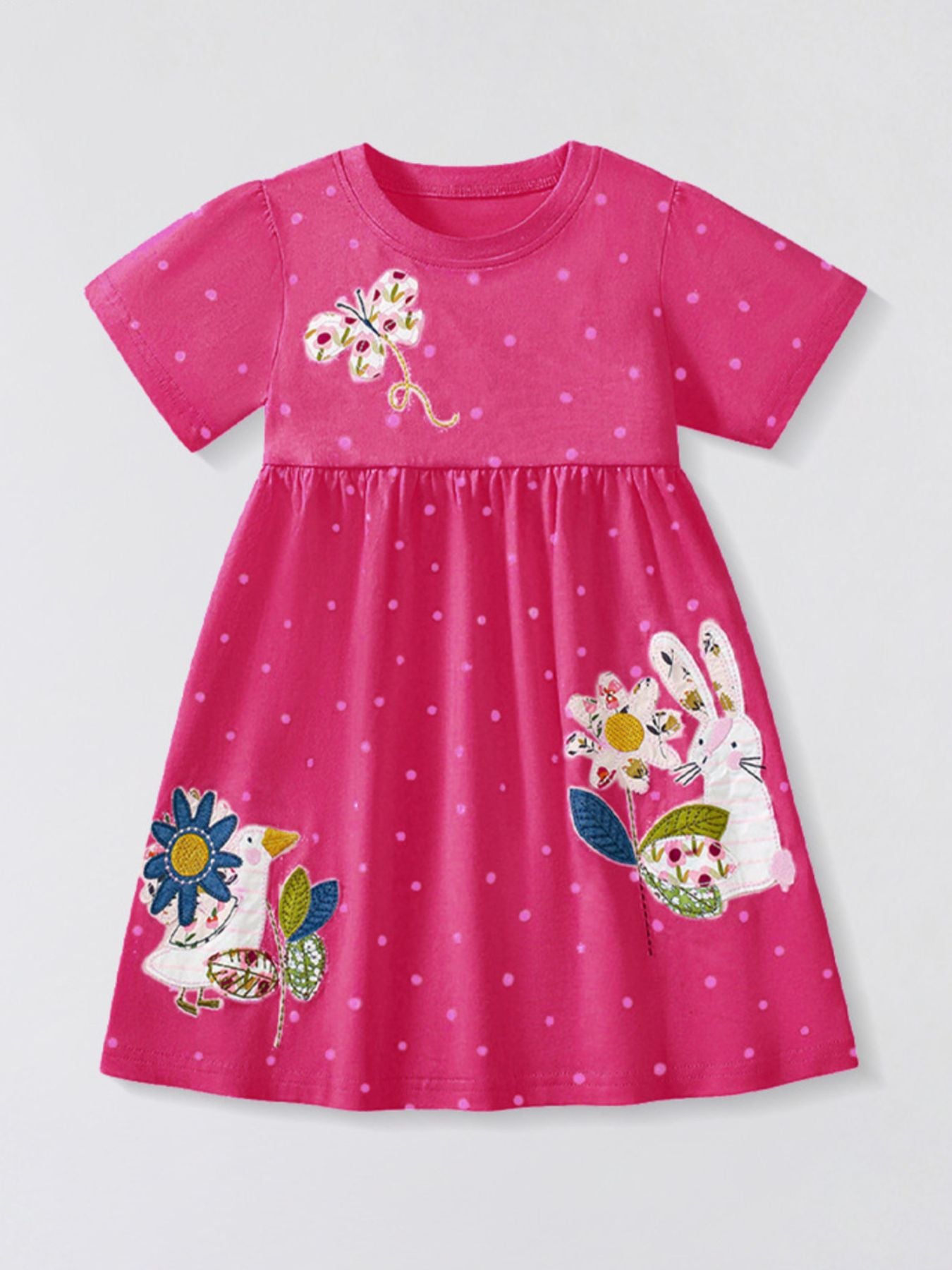 Children's Polka Dot Dress with Cartoon Animal Embroidery
