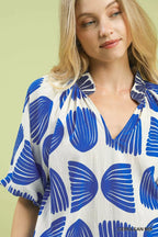 Umgee Blouse Womens Blue Shell Block Border Print Puff Short Sleeve Top 112908f3-d471-41db-912c-83ea20a39e50-Max-Origin Trendsi