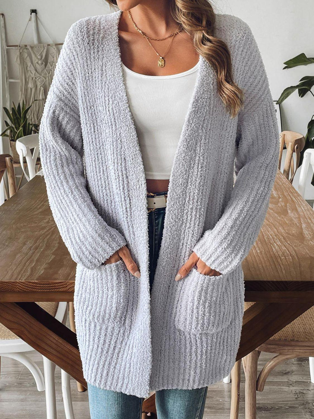 Knit Cardigan Open Front Long Sleeve Knitwear with Pockets Gray 1129279c-20ac-4572-b27d-f699d733d28f-Max Trendsi