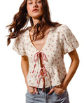 SO ME Ditsy Floral Print Gauze Tie-Front Blouse