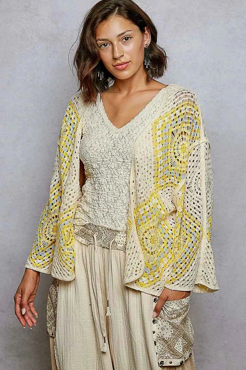POL Crochet Cardigan Ivory Yellow Open Front with Granny Square Pattern 1138f18b-dbfe-489b-aa42-490b89a6fa4c-Max-Origin Trendsi