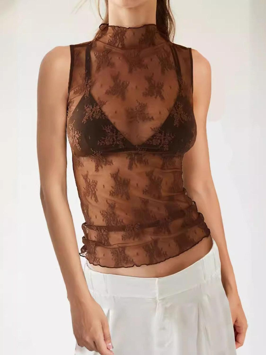Floral Lace Top Mock Neck Sleeveless Transparent Tank Tops Brown 1144c93b-19ce-4789-94ae-60675dcd91fa-Max Trendsi