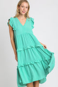 Umgee Midi Dress Ruffle Layered Emerald Tiered V neck Short Sleeve EMERALD 11537e11-dd47-4ee6-9fcd-02a7420eda7a-Max Trendsi