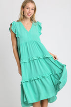 Umgee Midi Dress Ruffle Layered Emerald Tiered V neck Short Sleeve EMERALD 11537e11-dd47-4ee6-9fcd-02a7420eda7a-Max Trendsi