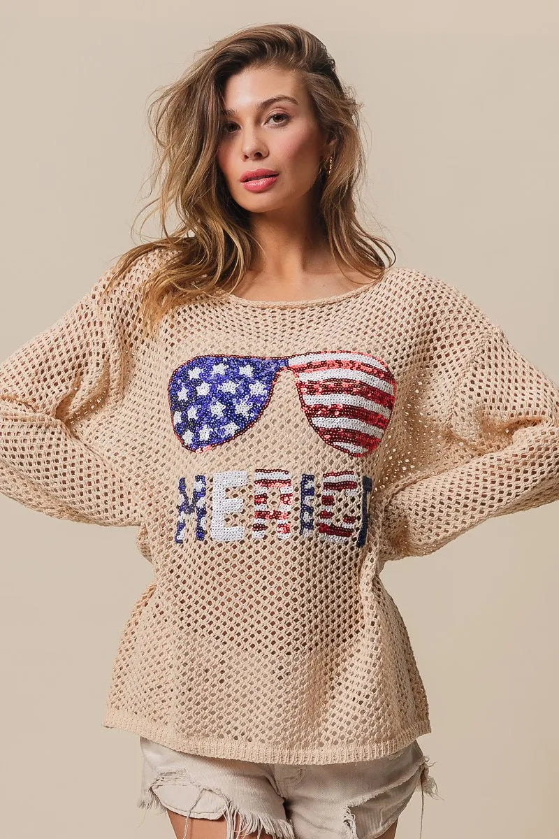 BiBi Knit Top Sequin American Flag Sunglasses Long Sleeve 1159f45f45c7424984d75c5c70ac3904-Max-Origin Trendsi