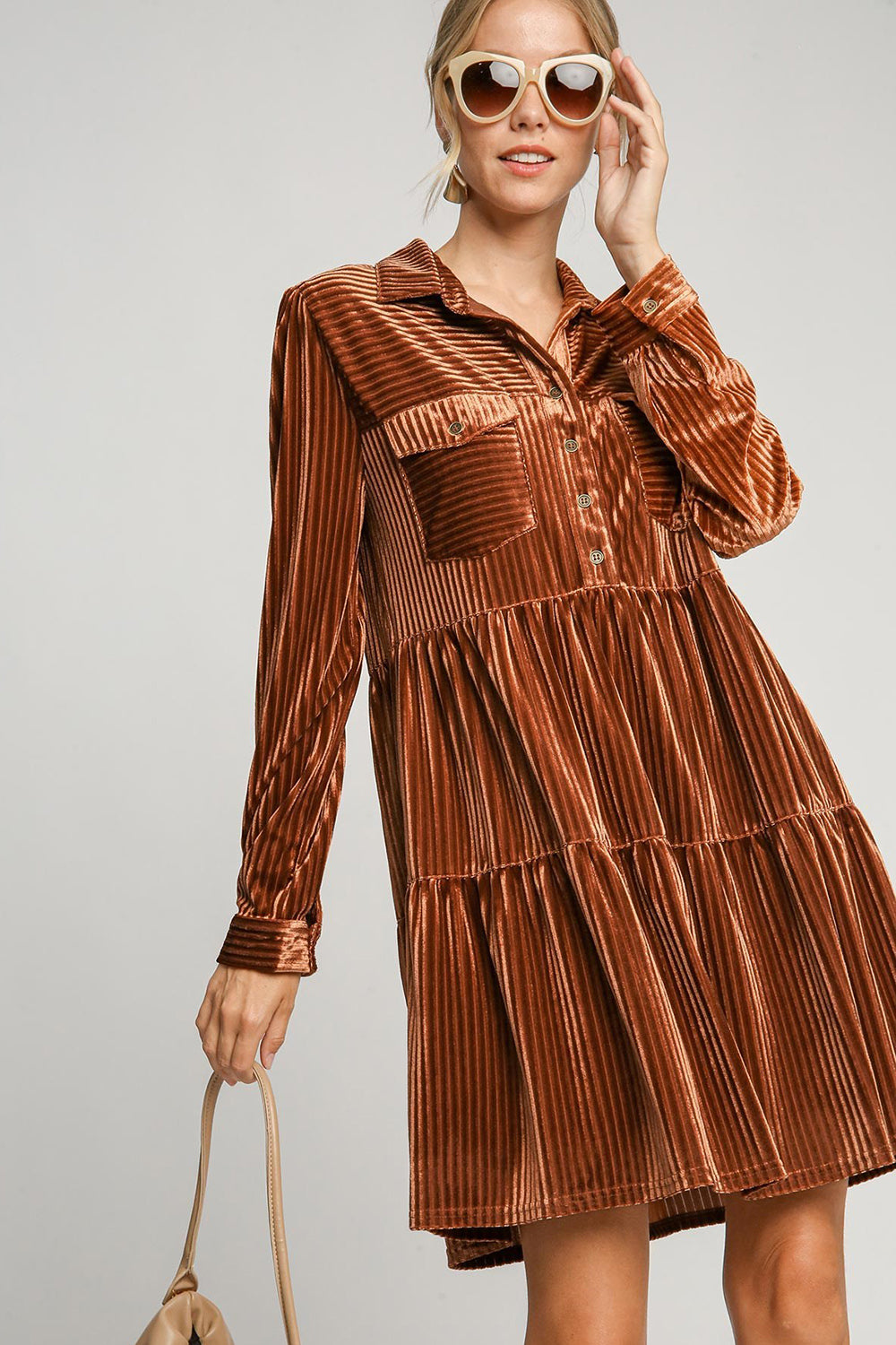 Umgee Texture Shirt Dress Tiered Button Collared Copper Long Sleeve Ruched