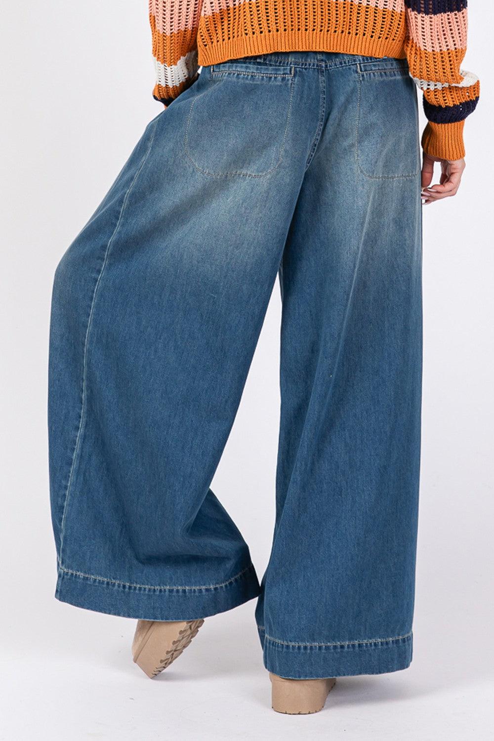 SAGE+FIG Wide Leg Jeans Smocked Waist Band Denim Pants