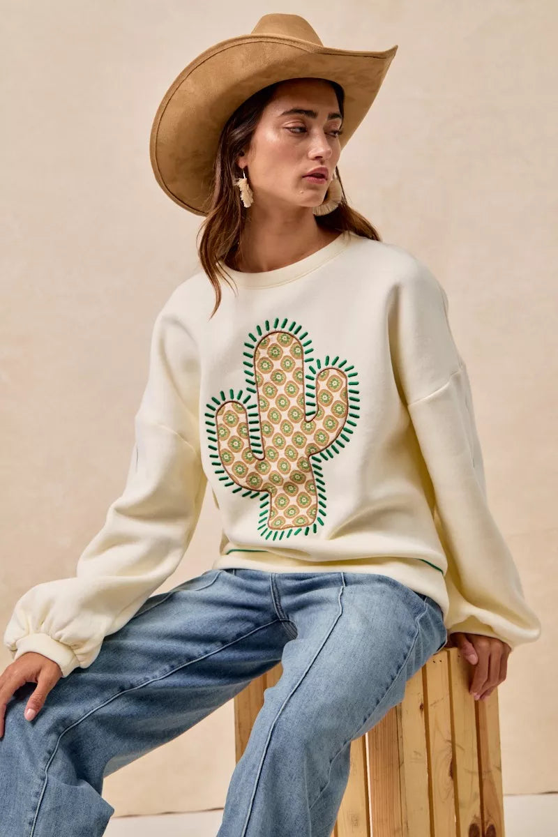 BiBi Womens Sweatshirt Cactus Embroidered Cream Fleece Pullover 116e0184225f493ab4625840a9976cb2-Max-Origin Trendsi