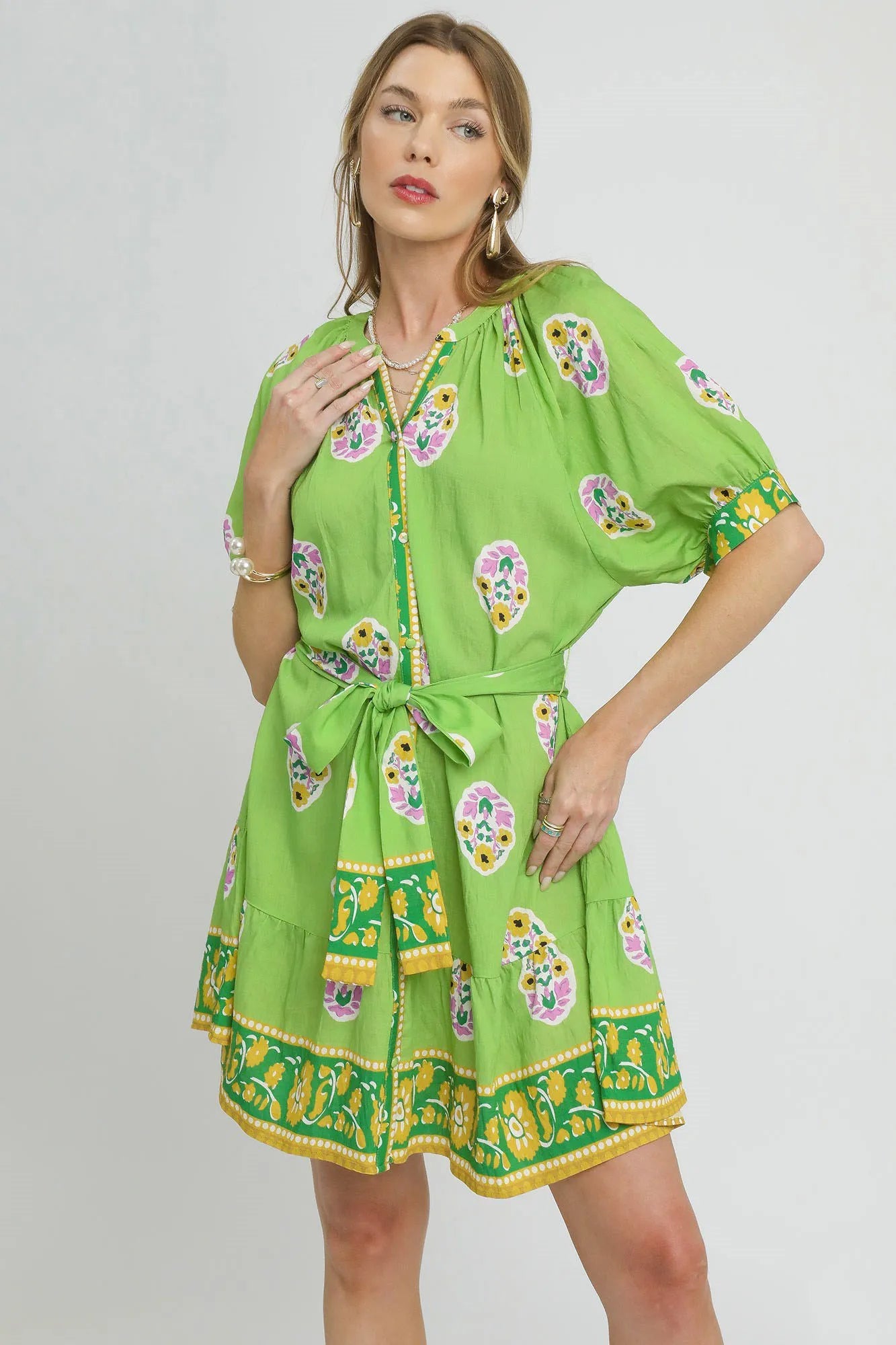 Umgee Shirt Dress Green Floral Print Tie Waist Short Sleeve Belted Neon Green 117236eb-2279-45c5-8e44-667aee19fbdf-Max-Origin Trendsi