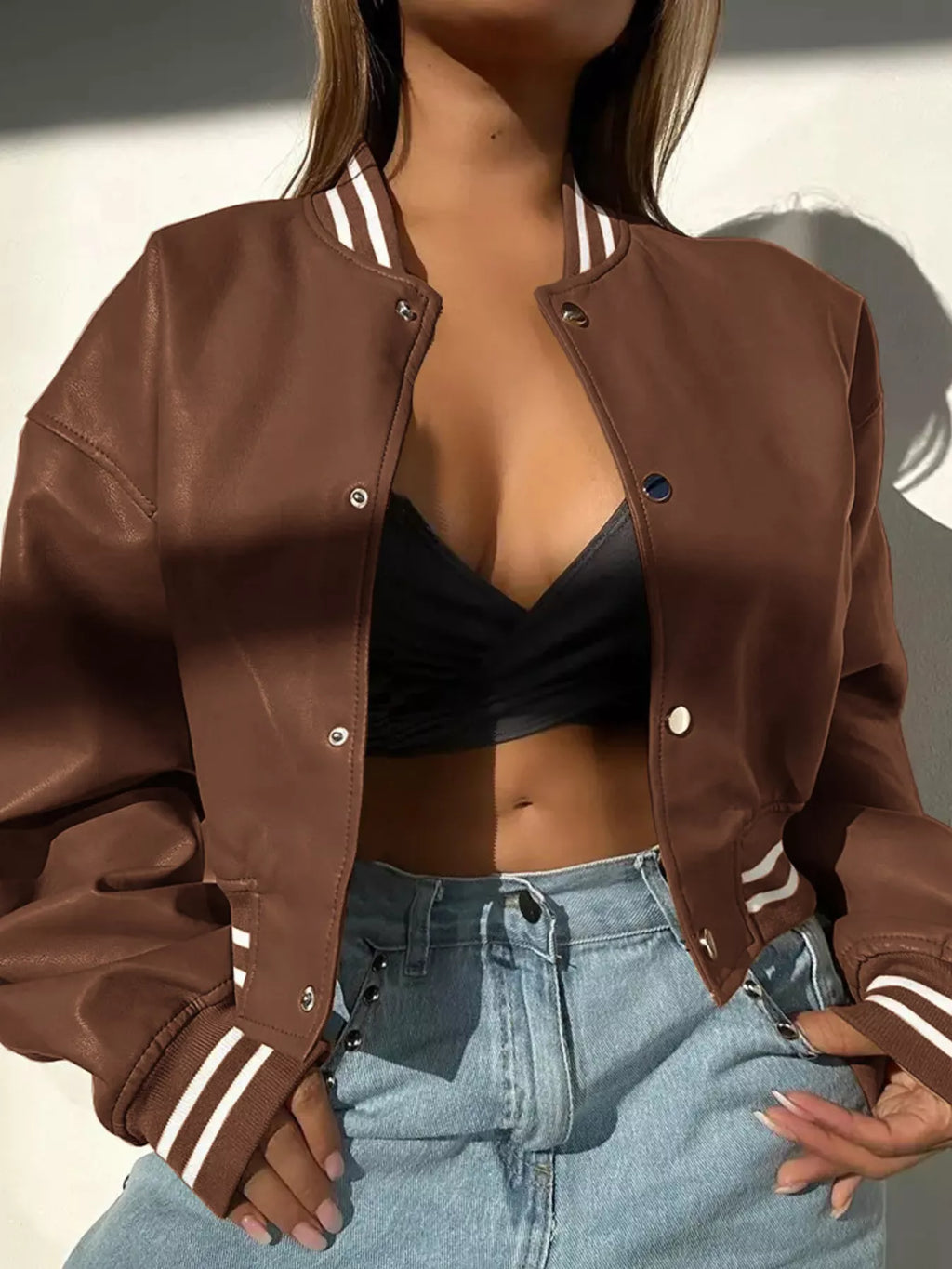 Women's Bomber Jacket Snap Down Stripe Contrast Long Sleeve Outwear Brown 1175693be75f4ab1a7af81f4161f10b2-Max-Origin Trendsi