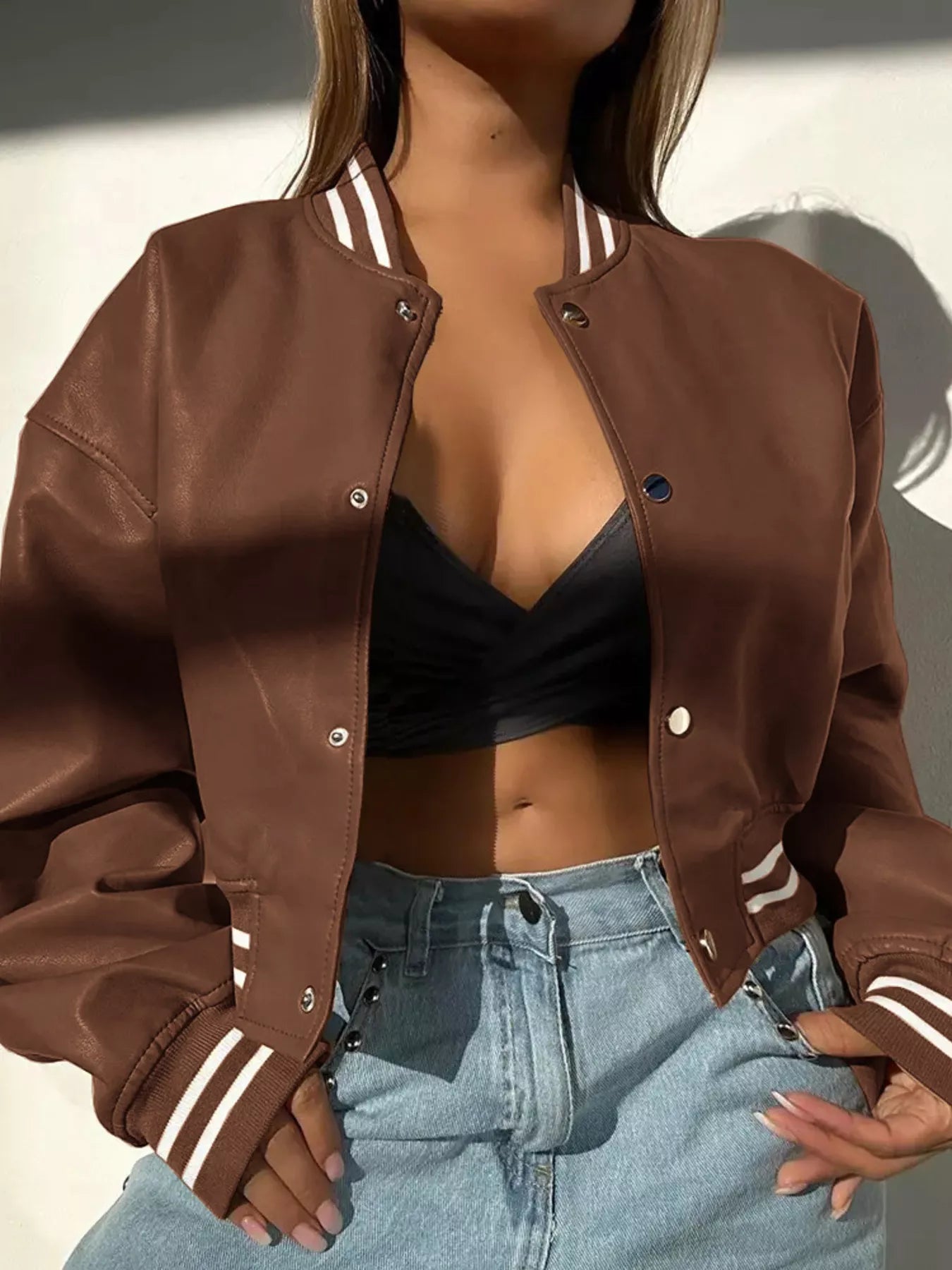 Women's Bomber Jacket Snap Down Stripe Contrast Long Sleeve Outwear Brown 1175693be75f4ab1a7af81f4161f10b2-Max-Origin Trendsi