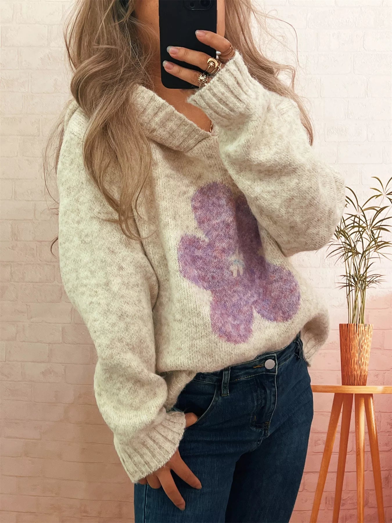 Women's Sweater Flower Long Sleeve Hooded Knit Pullover 117ce0deae284e72a953fcadce6e1ce8-Max-Origin Trendsi