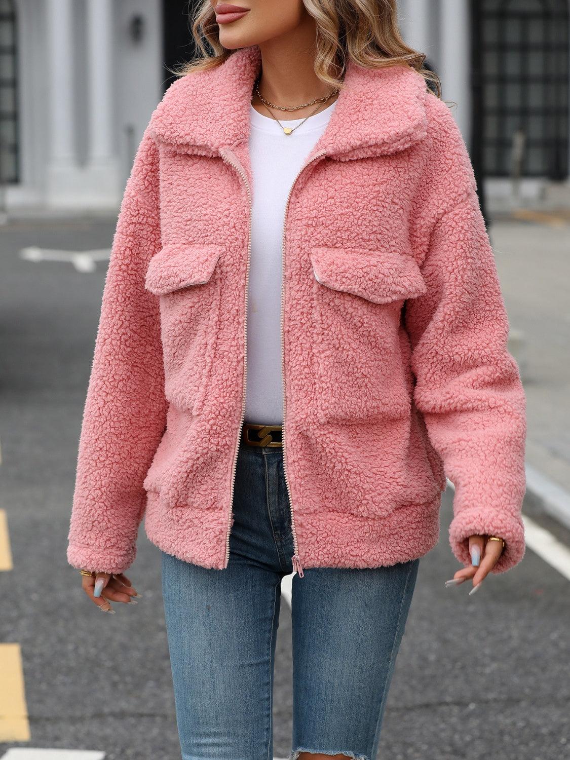 Pink Plush Jacket Zip Up Long Sleeve Coat Outwear 117dbf20-9c31-4538-b03b-cd2b1205752a-Max Trendsi