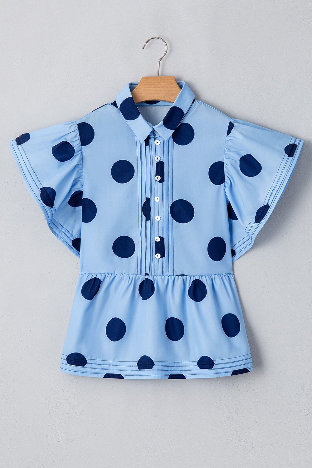 Polka Dot Blouse Ruffled Short Sleeve Shirt Light Blue Shirt Top 11848157-7785-426d-a480-3e69aa36c342-Max Trendsi