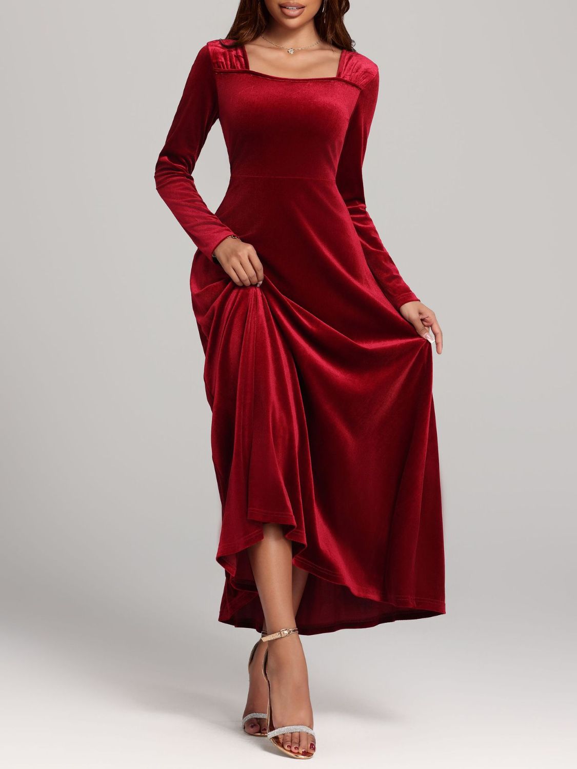 Velvet Midi Dress Square Neck Long Sleeve Women Solid Party Dress 1185b4e6-5eb0-4021-9a36-d2b53dadef7b-Max Trendsi