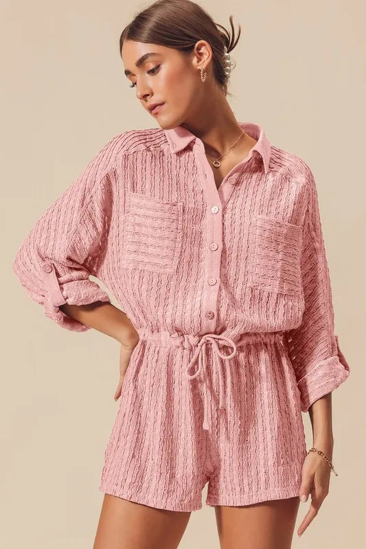 Textured Knit Button Front Romper for Summer