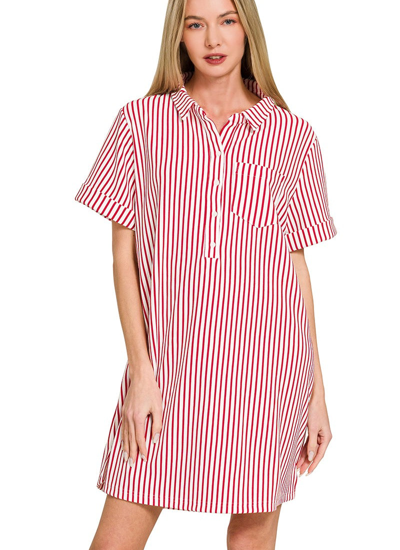 Zenana Stripe Collared Half Button Up T-Shirts Dress