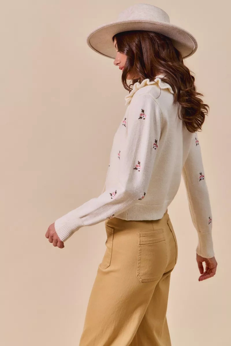 SO ME Women's Cardigan Cream Floral Embroidered Collared Long Sleeve Sweater 118f69fd90234017b231076996627748-Max-Origin Trendsi