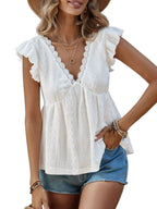 Women's Ruffle Sleeve V-Neck Blouse with Lace and Eyelet Details