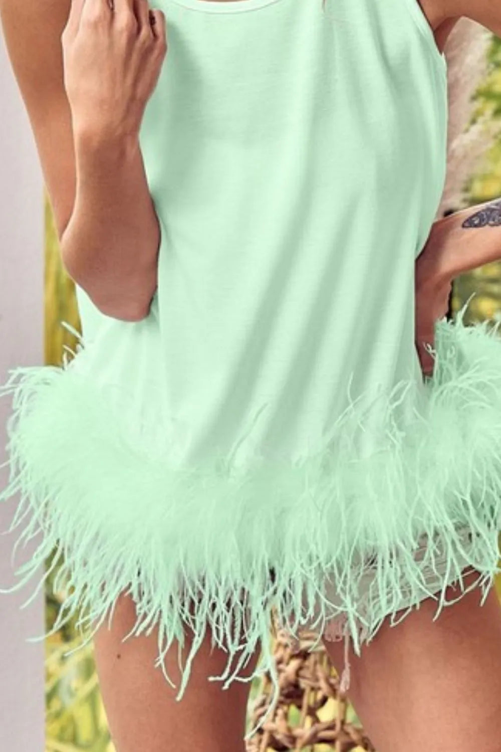 BiBi Top Mint Faux Feather Bottom French Terry Sleeveless Back Tied Blouse 11968d4a-ba1c-4b31-9bab-5a0471e06689-Max-Origin Trendsi