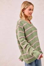 BiBi Womens Sweater Striped Sage Green Long Sleeve Oversized Pullover 11972e5ea51344589dba634626f86462-Max-Origin Trendsi