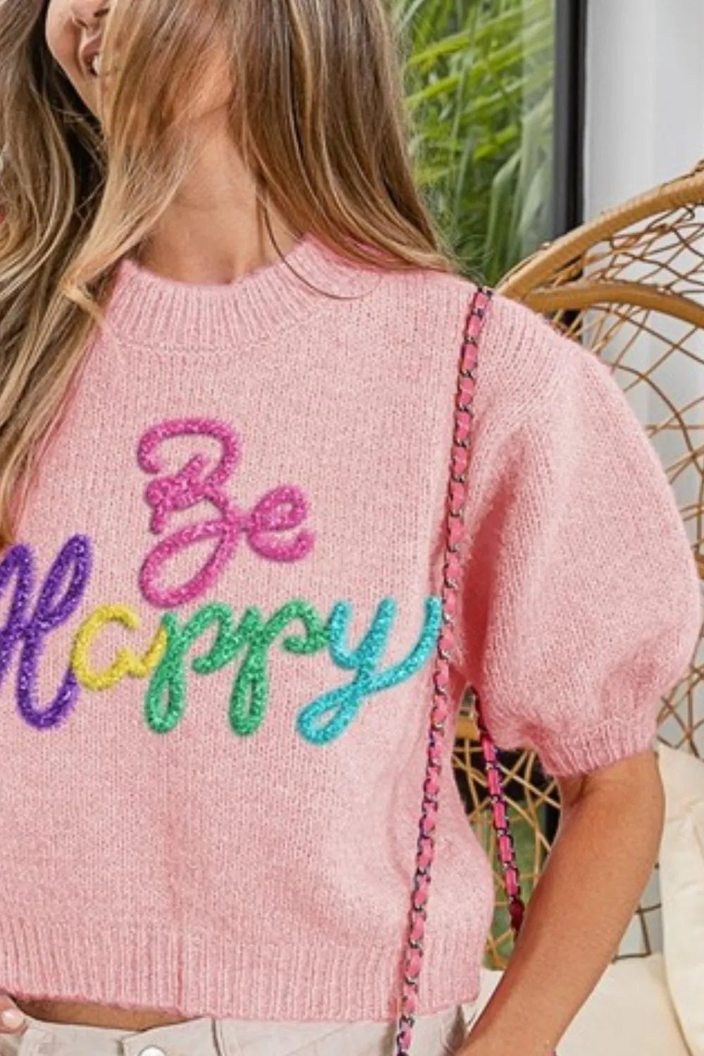 BiBi Hairy Sweater Be Happy Metallic Letter Short Puff Sleeve Knit Top 119786b0-28ab-41dc-a189-0876dca86162-Max-Origin Trendsi