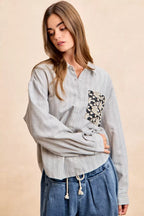BiBi Womens Gray Stripe Shirt Black Flower Jacquard Knit Patch Pocket Top 119a3aa57cf240c492fa56f93cb5ca34-Max-Origin Trendsi