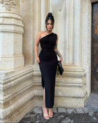 Bodycon Midi Dress One-Shoulder Ruched Side Slit Slimming Party Dresses